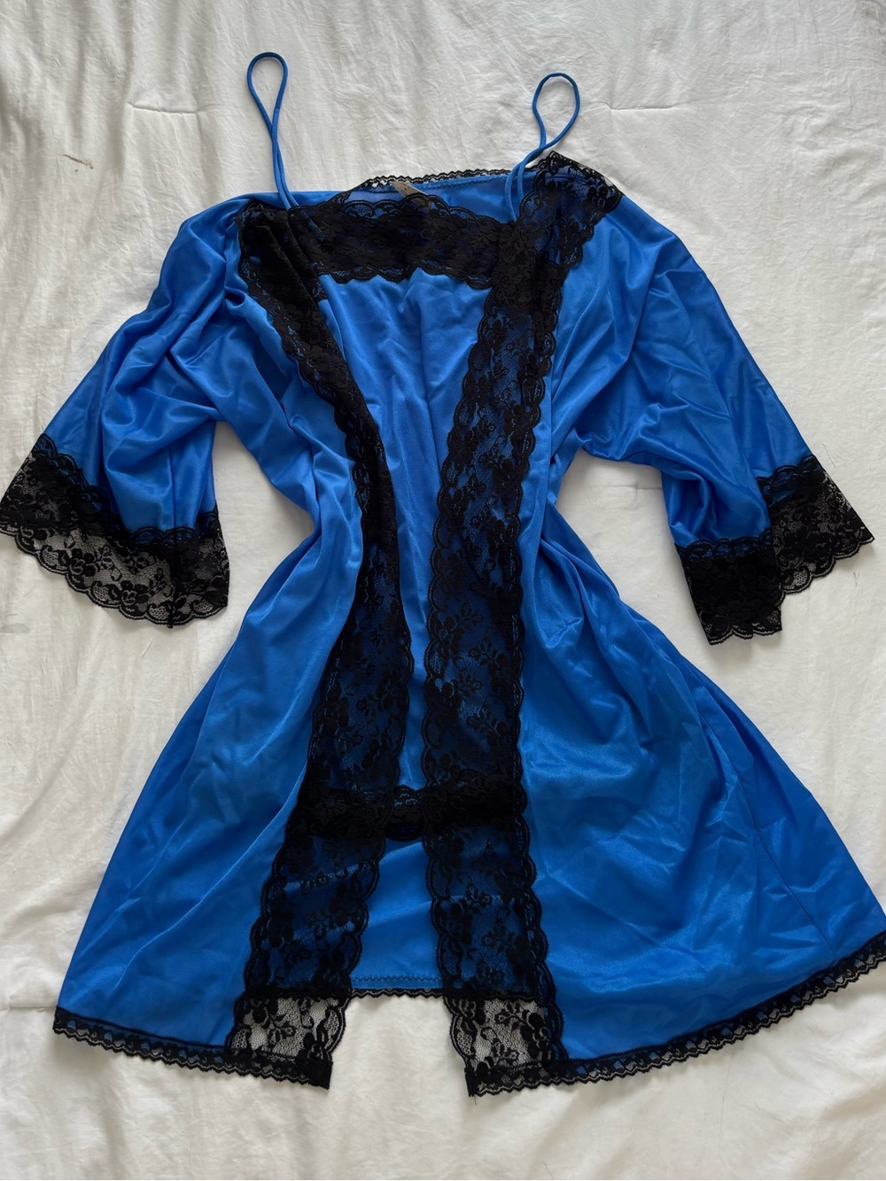 Vintage Royal Blue Satin Robe with Black Lace Trim